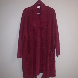 Womens ‘s Plus White Stag Burgundy Long Pocket Cardigan Sweater